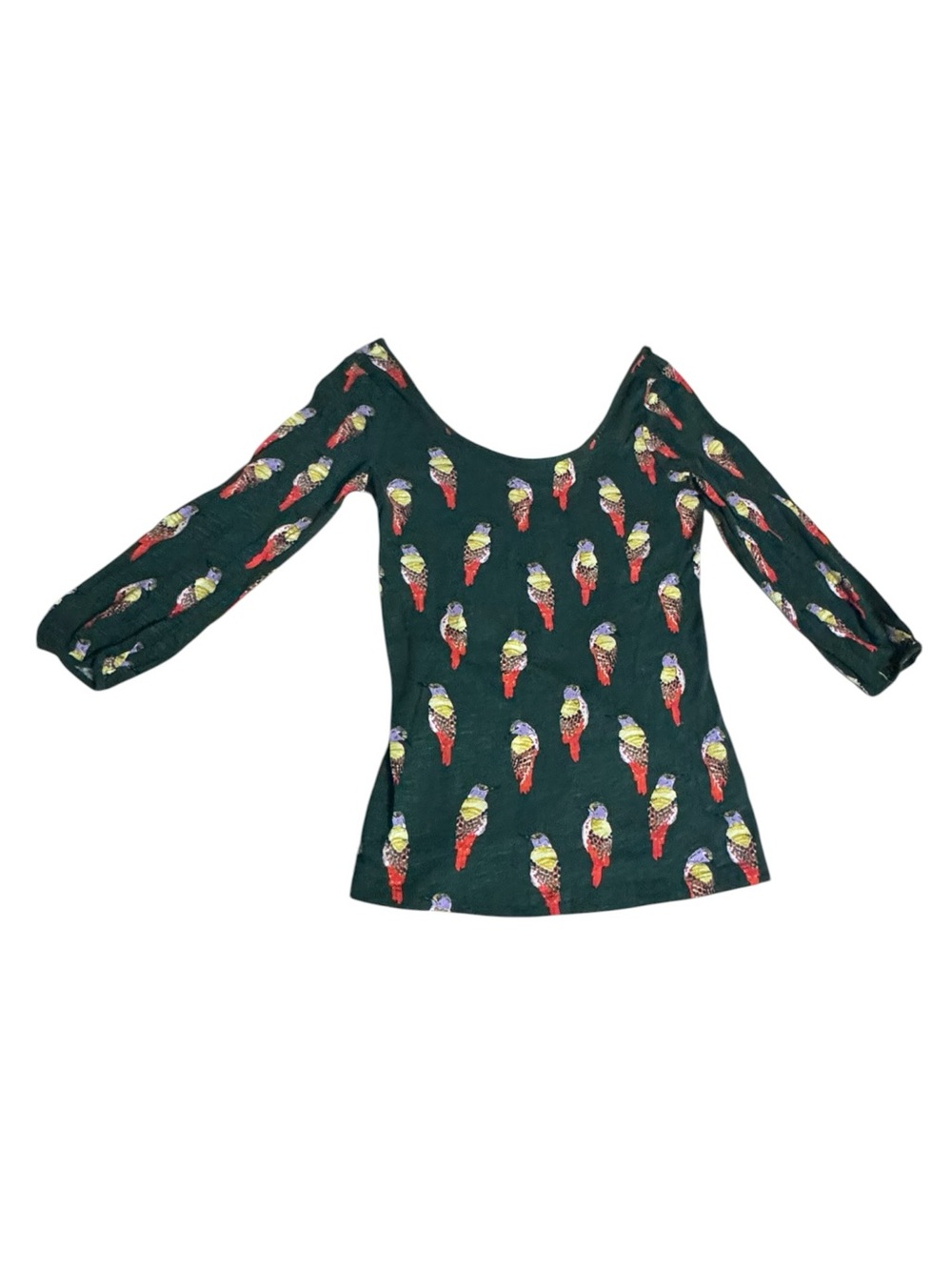 Women’s Dark Green Scoop Neck Top with Colorful Parrot Print
